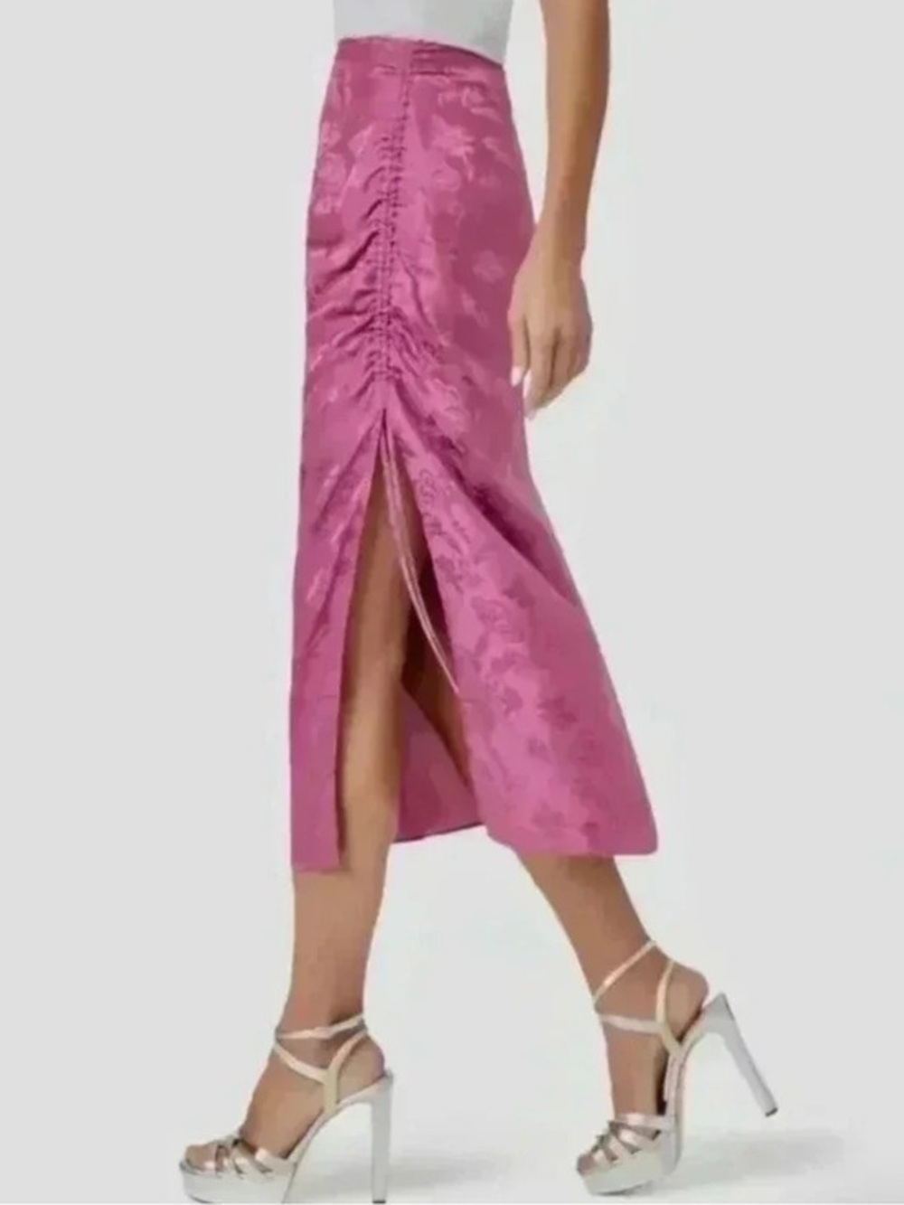 PAIGE Jenette Damask Floral Silk Midi Skirt Dusty Plum Quiet Luxury Scandi Sz M